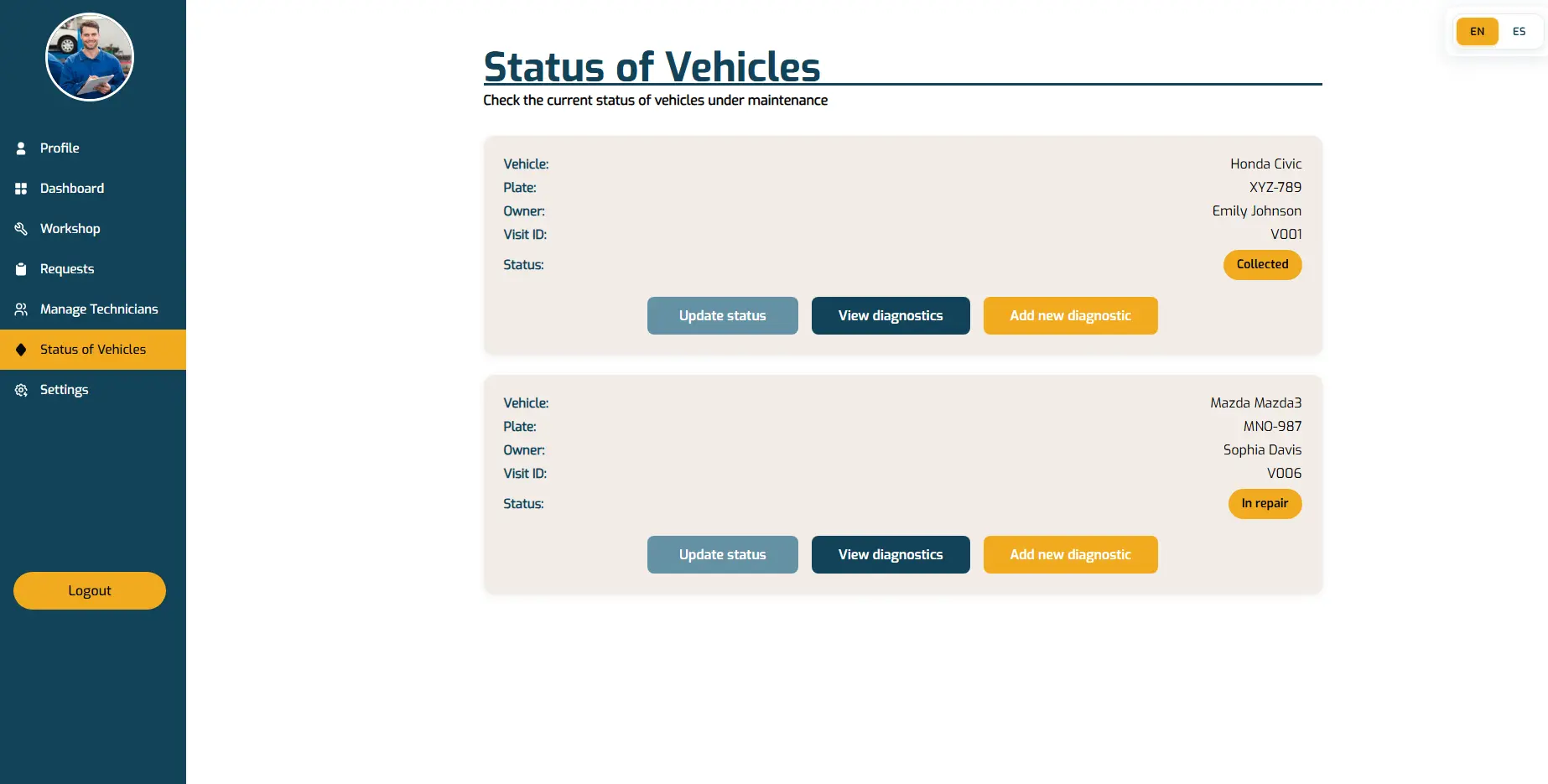 Captura de pantalla - Reportar estado de mantenimiento